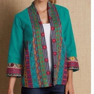 (T2) Soft Surrounding KimonoSiz S/M Kimono Bright Turquoise Embroidered Cardigan